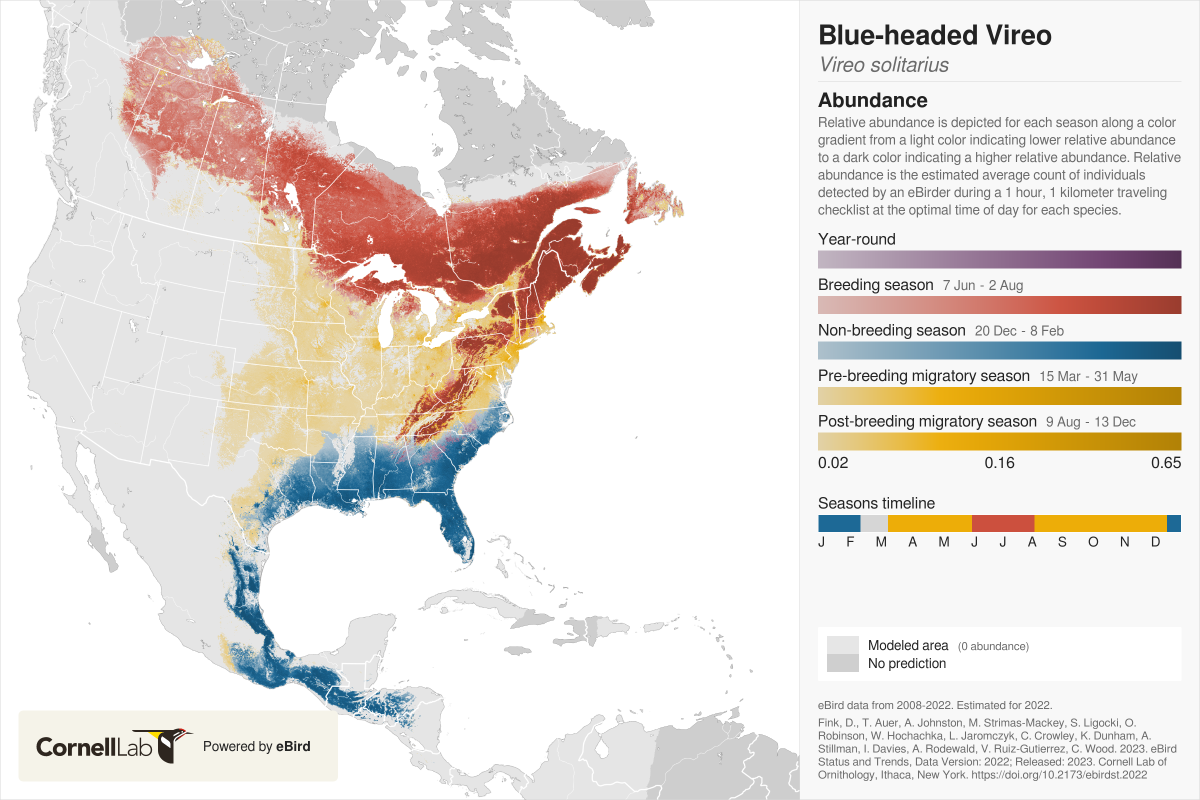 A map of North America illustrating the relative abundance of the Blue-Headed Vireo. The northern part is red to display its summer range. The middle is yellow, displaying its migratory range in Spring and Fall. The southern area is blue to display its Winter range.